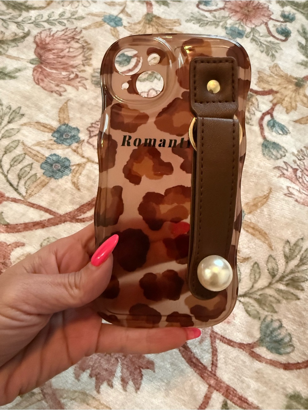 Roma Leopard-Print Brown Phone Case with Strap and Pearl